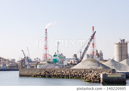 A hopper unloading crushed stone at a construction materials yard (ship number, name, and sign/logo have been corrected). 140220995