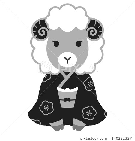 Icon illustration for New Year's cards (Year of the Sheep) - Woman in kimono, monochrome. Icon illustration for New Year's cards (Year of the Sheep) - Woman in kimono, monochrome. 140221327
