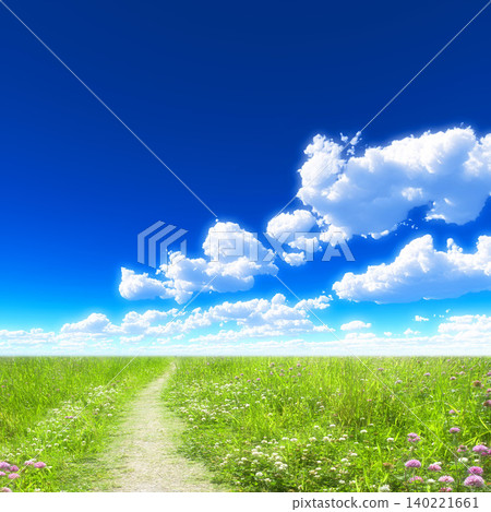 A landscape of a grassy path leading to a blue sky and white clouds. A landscape of a grassy path leading to a blue sky and white clouds. 140221661