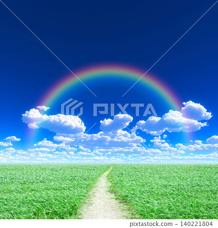 一幅充滿希望的畫面:一道彩虹橫跨在藍天下的草地上。 一幅充滿希望的畫面:一道彩虹橫跨在藍天下的草地上。 140221804