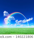 A rainbow arching across a blue sky and a landscape of green meadows: A natural backdrop of hope and healing. A rainbow arching across a blue sky and a landscape of green meadows: A natural backdrop of hope and healing. 140221806