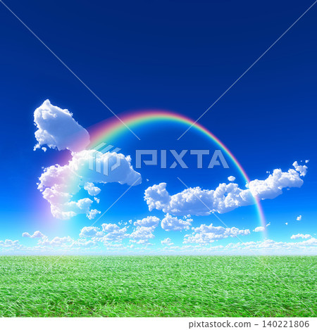 A rainbow arching across a blue sky and a landscape of green meadows: A natural backdrop of hope and healing. 140221806