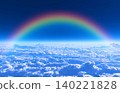 A fantastical aerial landscape of a sea of clouds with a rainbow arching over it, against a clear blue sky. A fantastical aerial landscape of a sea of clouds with a rainbow arching over it, against a clear blue sky. 140221828