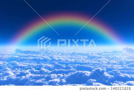 A fantastical aerial landscape of a sea of clouds with a rainbow arching over it, against a clear blue sky. A fantastical aerial landscape of a sea of clouds with a rainbow arching over it, against a clear blue sky. 140221828