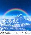 A fantastical aerial landscape of a sea of clouds with a rainbow arching over it, against a clear blue sky. A fantastical aerial landscape of a sea of clouds with a rainbow arching over it, against a clear blue sky. 140221829