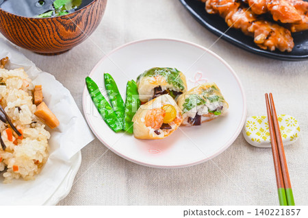 Healthy Japanese snack: Deep-fried fish cake wrapped in yuba (tofu skin) 140221857