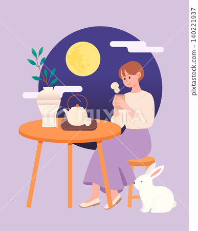 Elegant Woman Drinking Tea Alone under Full Moon with Rabbit Elegant Woman Drinking Tea Alone under Full Moon with Rabbit 140221937