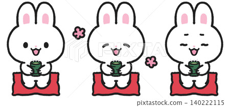 A set of illustrations of a rabbit sitting on a cushion and drinking tea. A set of illustrations of a rabbit sitting on a cushion and drinking tea. 140222115