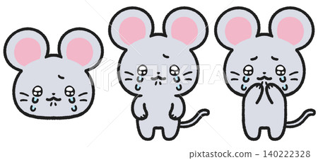 A set of illustrations of a mouse crying with teary eyes. 140222328