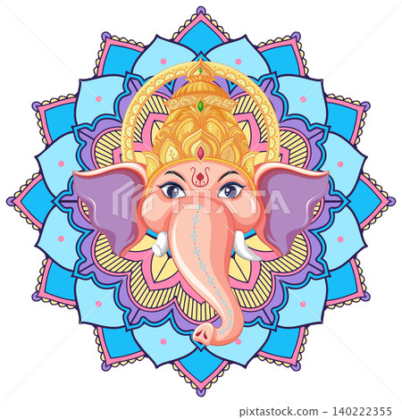 Elephant Head Deity Illustration with Colorful Mandala Background Pattern 140222355