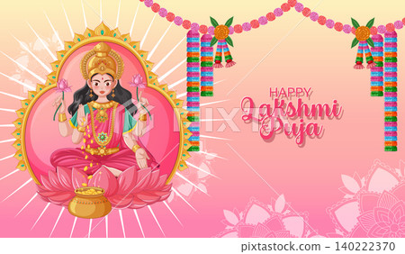 Hindu Goddess Lakshmi Sitting on Lotus with Gold Coins and Decorations Hindu Goddess Lakshmi Sitting on Lotus with Gold Coins and Decorations 140222370