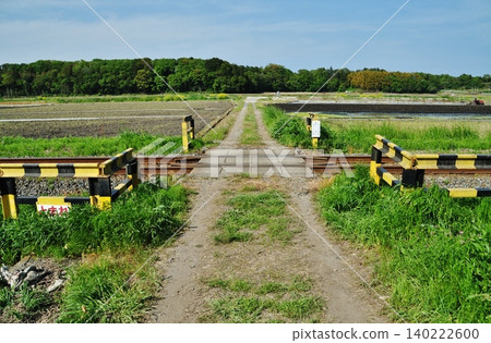 A level crossing on a local line without warning signals or barriers, and a peaceful rural landscape. A level crossing on a local line without warning signals or barriers, and a peaceful rural landscape. 140222600