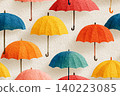 Autumn decoration. Colored rain umbrellas equidistant from each other. Seamless pattern. Minimalist style. Drawing style. 140223085