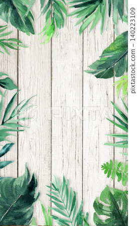 Watercolor tropical leaves frame on rustic white wood background aspect ratio 9 16 Watercolor tropical leaves frame on rustic white wood background aspect ratio 9 16 140223109
