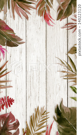 Watercolor tropical leaves frame on distressed white wooden background for design aspect ratio 9 16 Watercolor tropical leaves frame on distressed white wooden background for design aspect ratio 9 16 140223110
