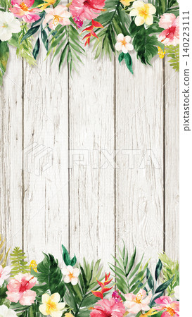 Tropical floral border on distressed white wood background, vibrant watercolor design aspect ratio 9 16 Tropical floral border on distressed white wood background, vibrant watercolor design aspect ratio 9 16 140223111