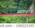 A local train crossing a red railway bridge 140223195