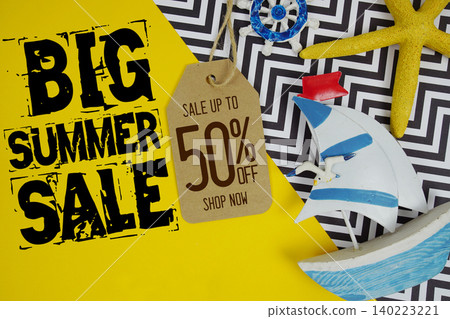Hello Summer Sale 50% with Price tag and summer decorations on yellow background Hello Summer Sale 50% with Price tag and summer decorations on yellow background 140223221