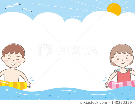 Frame of children in swimsuits going swimming in the sea Frame of children in swimsuits going swimming in the sea 140223339