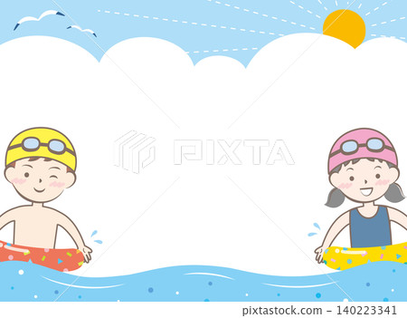 孩子們穿著泳衣在海裡游泳的畫面 孩子們穿著泳衣在海裡游泳的畫面 140223341