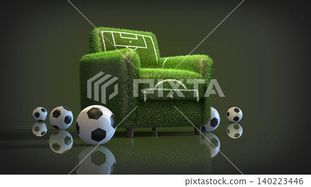 3D Rendered Armchair with Football Field Design and Soccer Balls 140223446