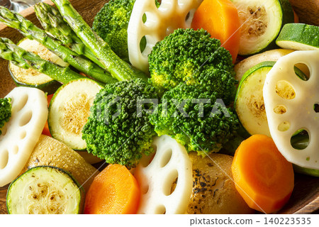 A healthy assortment of fresh vegetables and lotus root. A healthy assortment of fresh vegetables and lotus root. 140223535