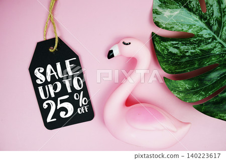 Price tag Sale 25% with summer decorations on pink background Price tag Sale 25% with summer decorations on pink background 140223617
