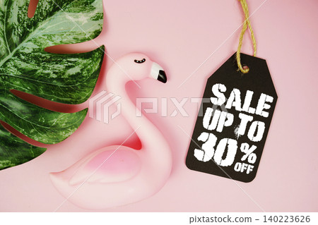 Price tag Sale 30% with summer decorations on pink background Price tag Sale 30% with summer decorations on pink background 140223626