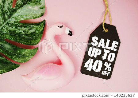 Price tag Sale 40% with summer decorations on pink background Price tag Sale 40% with summer decorations on pink background 140223627