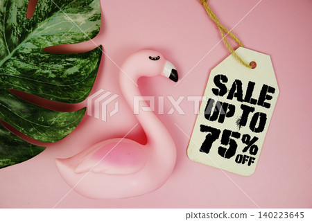 Price tag Sale 75% with summer decorations on pink background Price tag Sale 75% with summer decorations on pink background 140223645