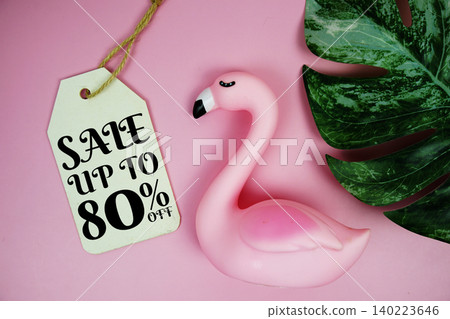 Price tag Sale 80% with summer decorations on pink background 140223646