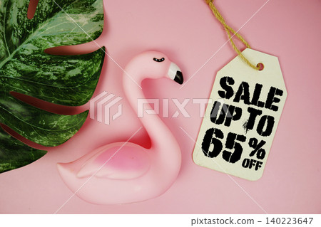 Price tag Sale 85% with summer decorations on pink background Price tag Sale 85% with summer decorations on pink background 140223647