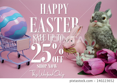 Easter Sale 25% promotion with Easter egg, rabbit and tulip flowers decorations concept on pink background Easter Sale 25% promotion with Easter egg, rabbit and tulip flowers decorations concept on pink background 140223652
