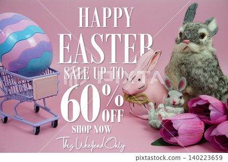 Easter Sale 60% promotion with Easter egg, rabbit and tulip flowers decorations concept on pink background Easter Sale 60% promotion with Easter egg, rabbit and tulip flowers decorations concept on pink background 140223659