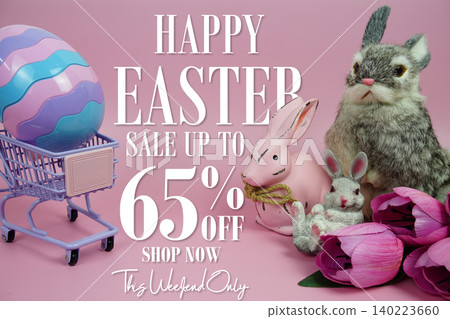 Easter Sale 65% promotion with Easter egg, rabbit and tulip flowers decorations concept on pink background 140223660