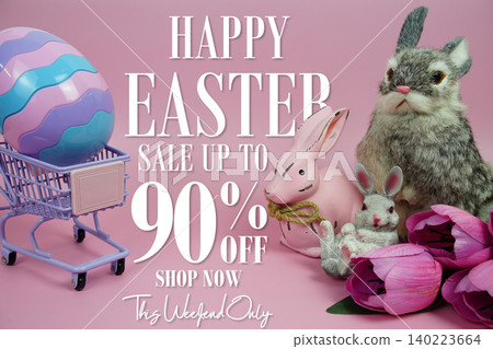 Easter Sale 90% promotion with Easter egg, rabbit and tulip flowers decorations concept on pink background Easter Sale 90% promotion with Easter egg, rabbit and tulip flowers decorations concept on pink background 140223664