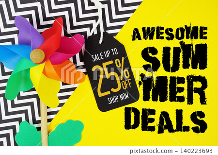 Hello Summer Deals 25% with Price tag and summer decorations on yellow background Hello Summer Deals 25% with Price tag and summer decorations on yellow background 140223693