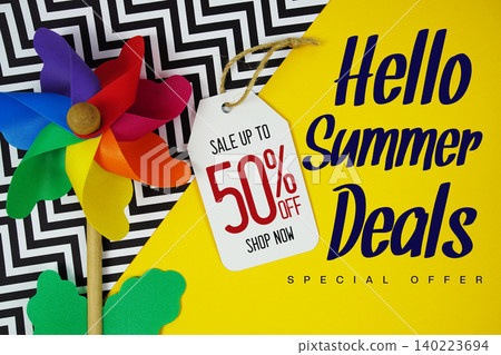 Hello Summer Deals 50% with Price tag and summer decorations on yellow background Hello Summer Deals 50% with Price tag and summer decorations on yellow background 140223694