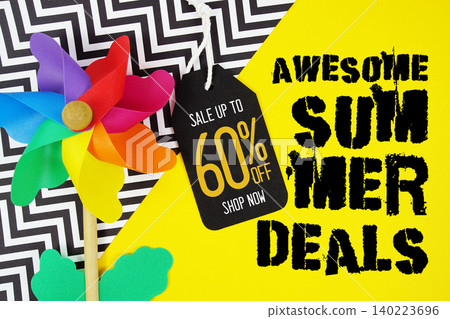 Hello Summer Deals 60% with Price tag and summer decorations on yellow background Hello Summer Deals 60% with Price tag and summer decorations on yellow background 140223696