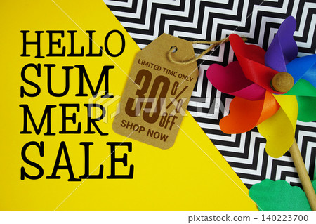 Hello Summer Sale 30% with Price tag and summer decorations on yellow background Hello Summer Sale 30% with Price tag and summer decorations on yellow background 140223700