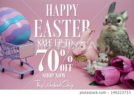Easter Sale 70% promotion with Easter egg, rabbit and tulip flowers decorations concept on pink background Easter Sale 70% promotion with Easter egg, rabbit and tulip flowers decorations concept on pink background 140223713