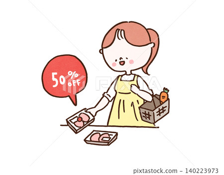 A woman buys chicken with a 50% off sticker at the supermarket (Saving money/Household budget) A woman buys chicken with a 50% off sticker at the supermarket (Saving money/Household budget) 140223973
