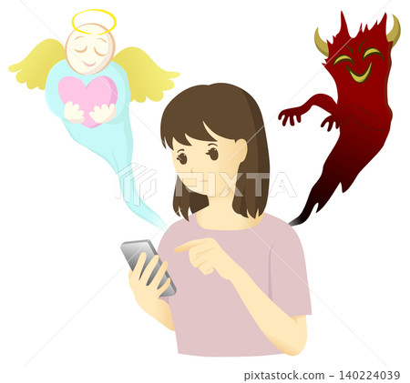 一幅插圖,描繪了一位年輕女子正在操作智慧型手機,兩側分別出現了天使和惡魔。 一幅插圖,描繪了一位年輕女子正在操作智慧型手機,兩側分別出現了天使和惡魔。 140224039