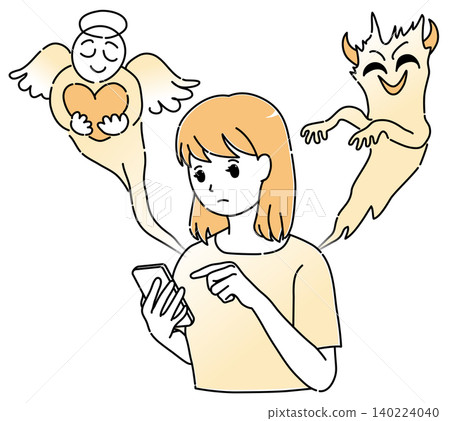 An image illustration of a young woman operating a smartphone, with angels and demons appearing on either side. An image illustration of a young woman operating a smartphone, with angels and demons appearing on either side. 140224040
