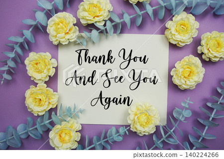Thank You text written on paper card with flowers decoration 140224266