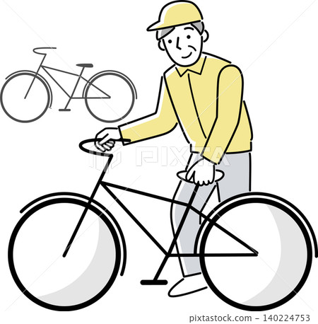 一位老人在自行車停車區整理自行車 一位老人在自行車停車區整理自行車 140224753