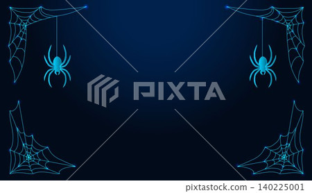 Spiders hanging from webs in corners on dark blue background. 140225001