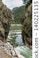 Turquoise waters of the Namnam River cascade over a stepped weir between moss covered rocky cliffs and dense pine forest in Mugla, Turkey. Vertical photo 140225135