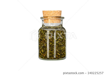 thyme in glass container isolated on white background 140225257