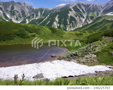 The magnificent view of the Tateyama mountain range, the crystal-clear Mikurigaike Pond, and the summer mountain scenery. The magnificent view of the Tateyama mountain range, the crystal-clear Mikurigaike Pond, and the summer mountain scenery. 140225707